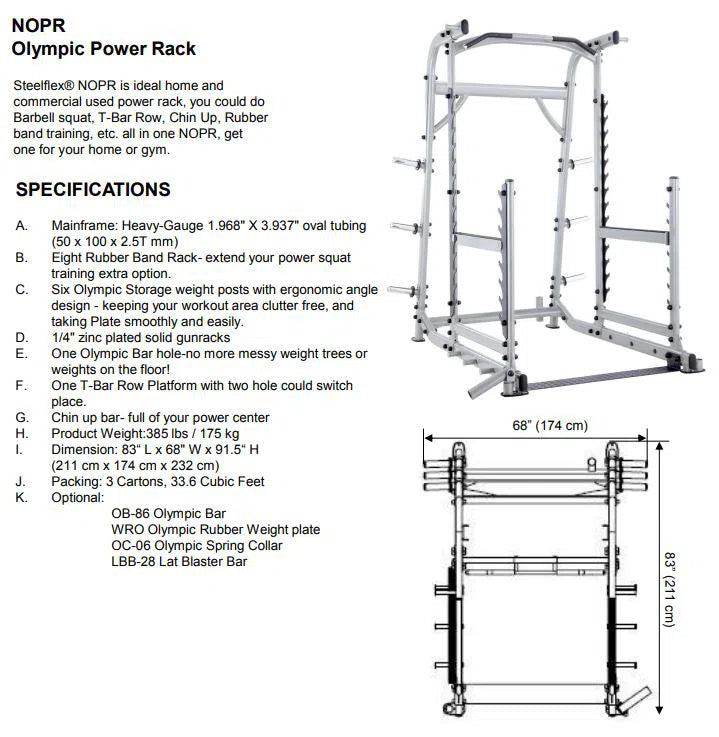 Image of the SteelFlex Squat Rack with Pull-Up Bar (NOPR) from Steelflex. Features a sturdy steel mainframe, adjustable weight posts, rubber band pegs, angled weight tree, and integrated pull-up bar. Perfect for commercial gyms. Dimensions and packaging details included.