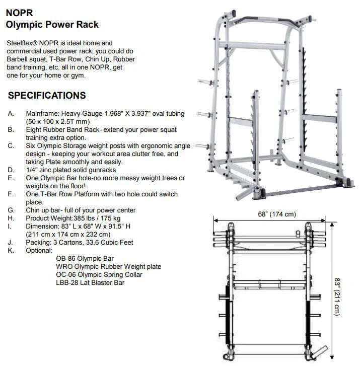 SteelFlex Squat Rack with Pull-Up Bar NOPR product specifications and dimensions