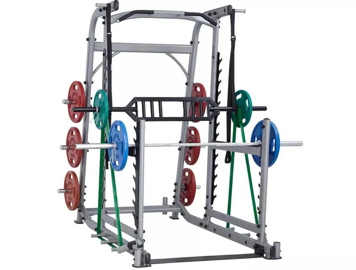 The SteelFlex Squat Rack with Pull-Up Bar (NOPR) by Steelflex is a premium commercial gym setup, including a barbell, vibrant weight plates, and resistance bands. It features weight storage and an integrated pull-up bar on its robust metal frame for diverse exercises.