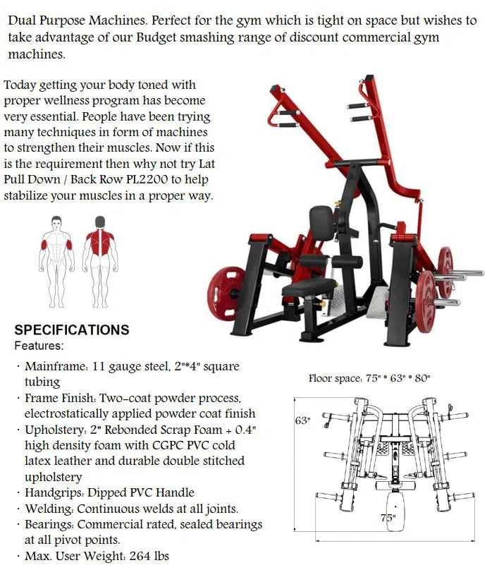 The SteelFlex Back Row & Lat Machine (PL2200) by Steelflex is perfect for space-saving gyms, featuring red and black accents. It offers lat pulldown and back row exercises with a sturdy steel build, powder coating, 264 lbs capacity, and dimensions of 75x63x80.