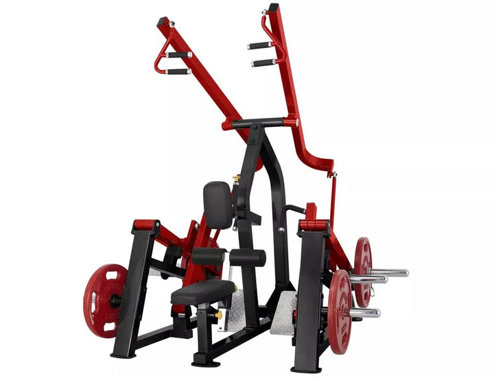 The SteelFlex Back Row & Lat Machine (PL2200) by Steelflex is perfect for compact gyms, featuring a red and black design with adjustable padded seats and handles. It allows dual-function workouts for shoulder and chest exercises, includes weight plate racks on both sides, and has wheels for easy mobility.