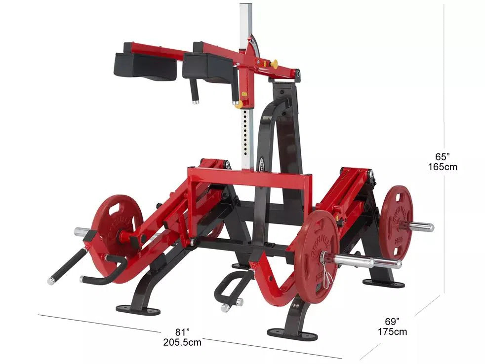 This red and black seated calf raise machine, ideal for commercial gyms, accommodates weight plates on either side. It measures 65 (H) x 81 (L) x 69 (W), providing versatile strength training similar to the SteelFlex Deadlift Machine PL2300 by Steelflex.