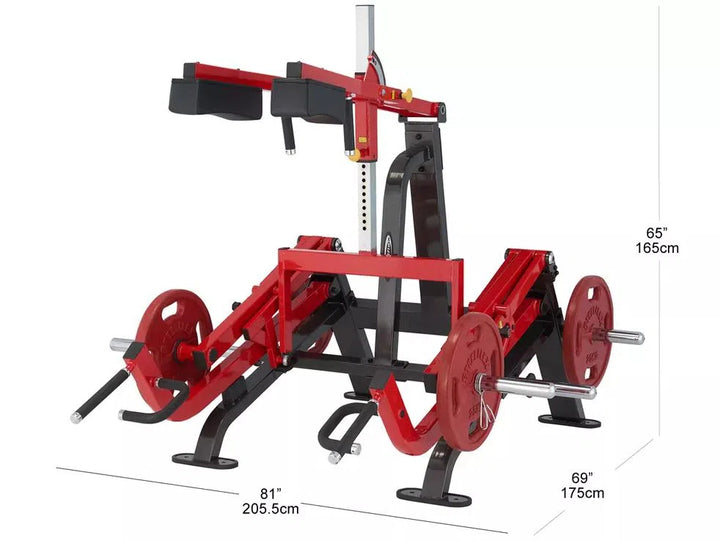 This red and black seated calf raise machine, ideal for commercial gyms, accommodates weight plates on either side. It measures 65 (H) x 81 (L) x 69 (W), providing versatile strength training similar to the SteelFlex Deadlift Machine PL2300 by Steelflex.