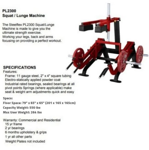 Image of the SteelFlex Deadlift Machine (PL2300), perfect for commercial gyms. This red and black machine includes a seat, arm rests, weights, and is designed for versatile strength training. It has a user weight limit of 264 lbs, capacity of 550 lbs, with detailed dimensions and warranty info.