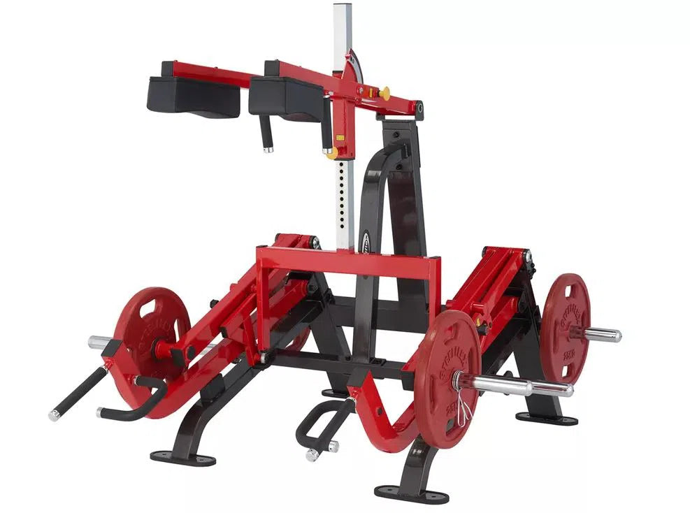 The SteelFlex Deadlift Machine (PL2300) by Steelflex is ideal for commercial gyms, offering versatile strength training with a stylish red and black design. Perfect for weighted squats and lunges, it includes adjustable foot platforms, handles, and dual-sided weight plates.