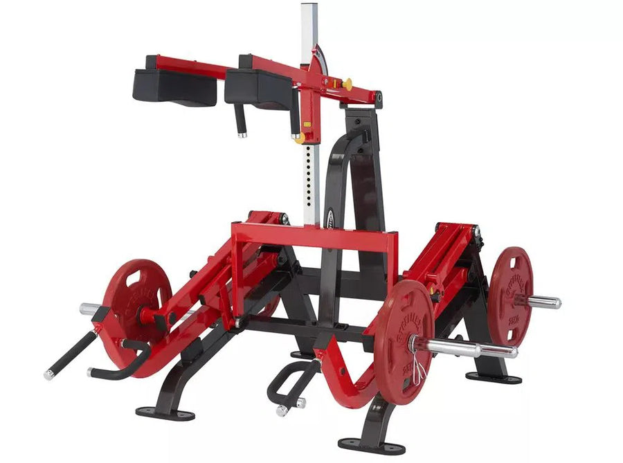The SteelFlex Deadlift Machine (PL2300) by Steelflex is ideal for commercial gyms, offering versatile strength training with a stylish red and black design. Perfect for weighted squats and lunges, it includes adjustable foot platforms, handles, and dual-sided weight plates.