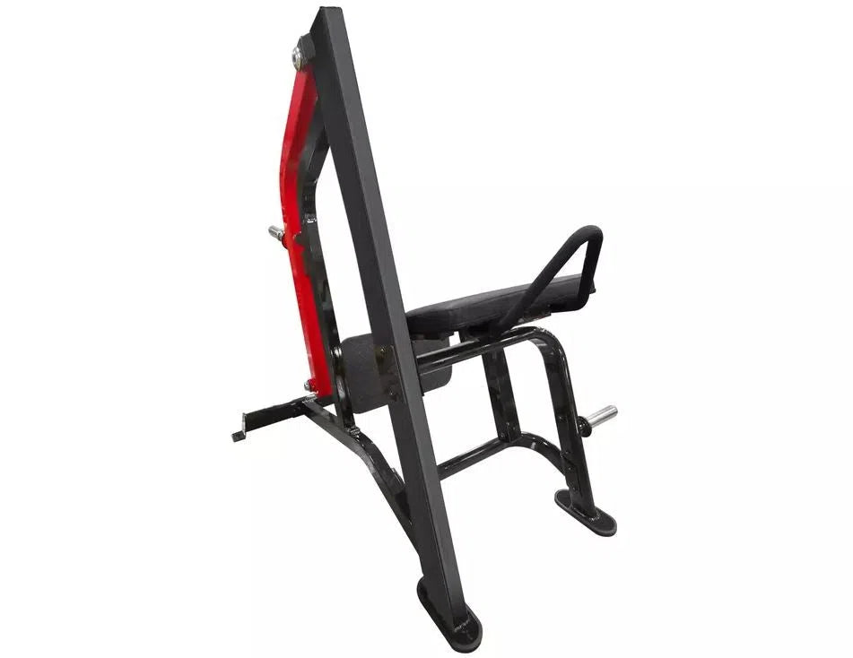 This red and black seated chest press machine, perfect for commercial gyms, features a padded seat and backrest. Its vertical frame and dual handles complement the Steelflex Glute Kickback Machine (PLHE) for a complete workout experience.
