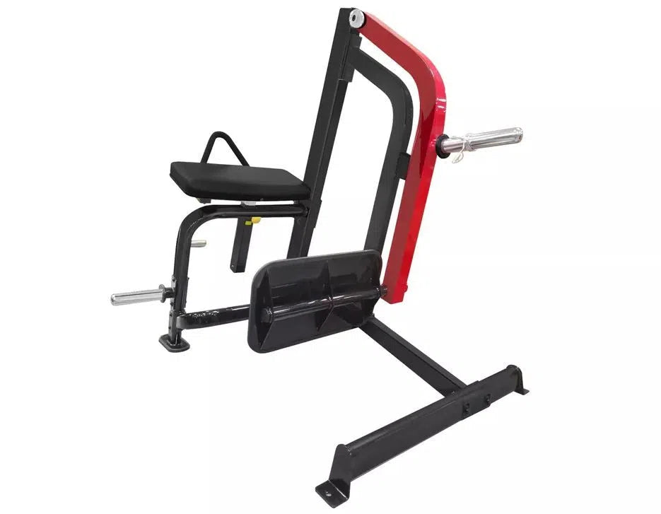 The SteelFlex Glute Kickback Machine (PLHE) by Steelflex is ideal for commercial gyms. It features a black padded seat, red and black frame, weight plate holder, and pivoting padded arm supports for effective curling exercises.