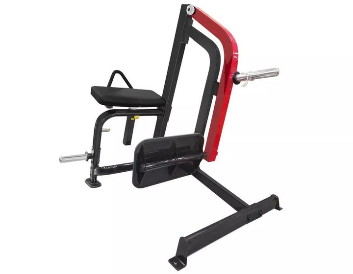 The SteelFlex Glute Kickback Machine (PLHE) by Steelflex is ideal for commercial gyms. It features a black padded seat, red and black frame, weight plate holder, and pivoting padded arm supports for effective curling exercises.