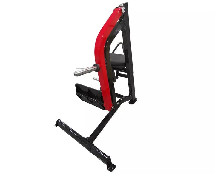 A versatile black and red gym machine for T-bar rows, perfect for commercial spaces. Featuring a footplate, handlebar, and seat, it supports back-strengthening exercises and complements machines like the Steelflex Glute Kickback Machine.