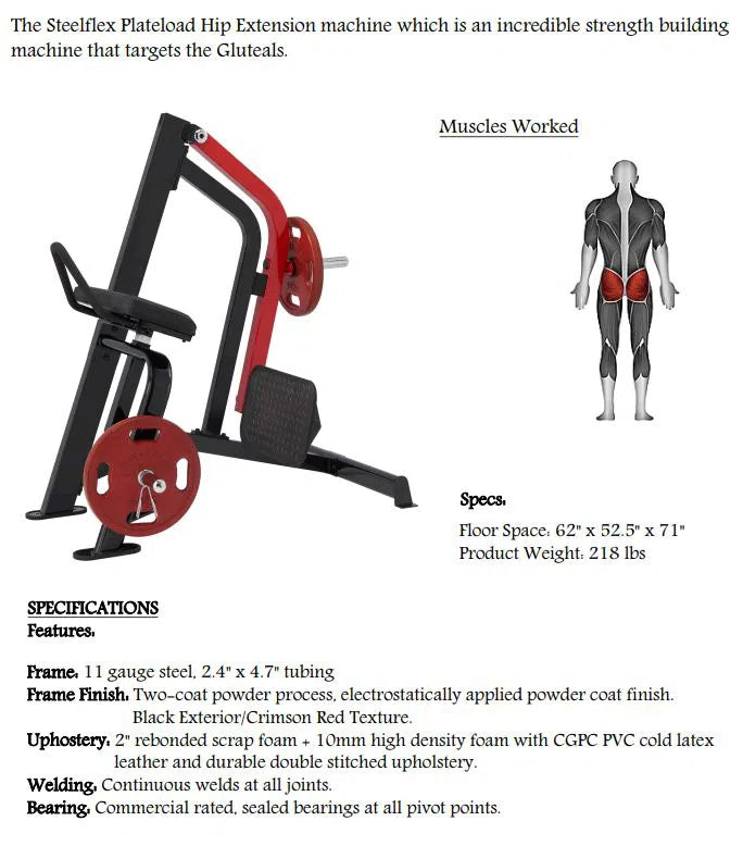 Image of the Steelflex Glute Kickback Machine (PLHE), perfect for commercial gyms. It emphasizes glute muscles with dimensions and weight detailed. Includes a steel frame, two-coat paint, ergonomic rear support, cold latex upholstery, and highlighted target muscles.