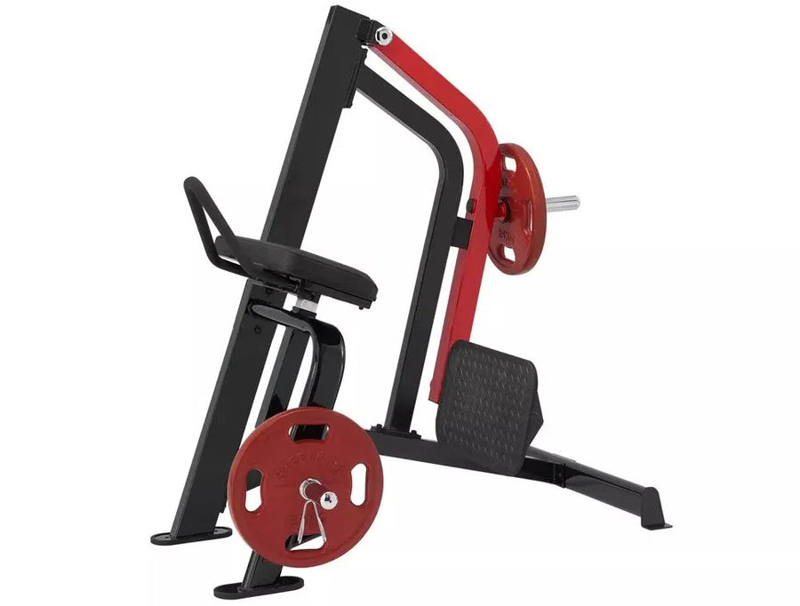 The SteelFlex Glute Kickback Machine (PLHE) by Steelflex is ideal for commercial gyms, featuring a black and red design with a padded seat, elevated foot platform, and weight plates on both sides. Its angular structure targets lower leg and glute muscles effectively.