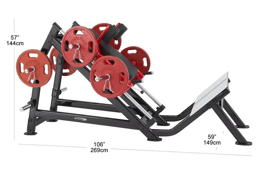 The SteelFlex Hack Squat Machine (PLHP) by Steelflex is perfect for lower body workouts. Measuring 57 tall, 106 long, and 59 wide, it has angled supports, adjustable handles, and red weight plates. Ideal for commercial fitness centers.