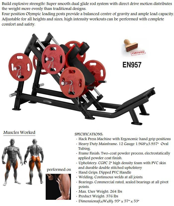 The SteelFlex Hack Squat Machine (PLHP) by Steelflex is designed for commercial fitness centers, featuring red weight plates, multiple rods, and ergonomic hand grips. It focuses on lower body workouts with optimized dimensions for effective muscle targeting during hack squats.