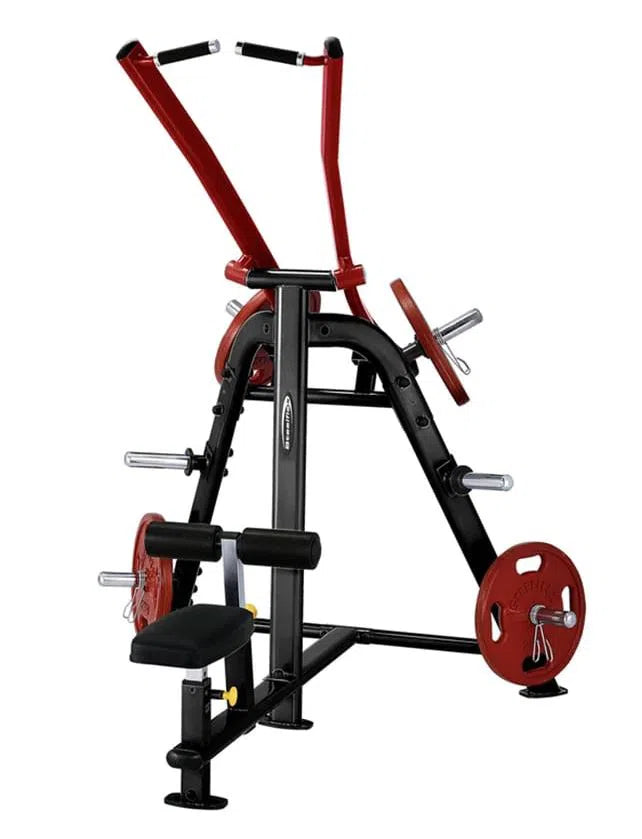 The SteelFlex Lateral Pull Down Machine (PLLA) by Steelflex features a sturdy black metal frame with red accents, weighted side plates, and padded seat and grips, making it perfect for fitness centers focused on strength training.