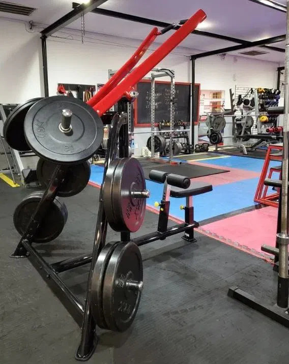 The commercial gym features weightlifting gear, including a vertical leg press with plates. The well-lit room also includes mats and machines like the Steelflex PLLA, ensuring an organized fitness center environment.