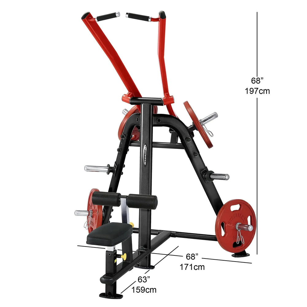 The SteelFlex Lateral Pull Down Machine (PLLA) by Steelflex enhances gym spaces with its sleek red/black frame, complete with handles, seat, and leg supports. Red weight plates complement its 68 height/depth and 63 width.