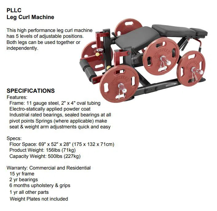 Image of the SteelFlex Hamstring Machine (PLLC) by Steelflex, featuring a red and black design. This plate-loaded lying leg curl machine offers adjustable positions and industrial-grade components with detailed specifications, dimensions, weight, capacity, and warranty for commercial gym use.