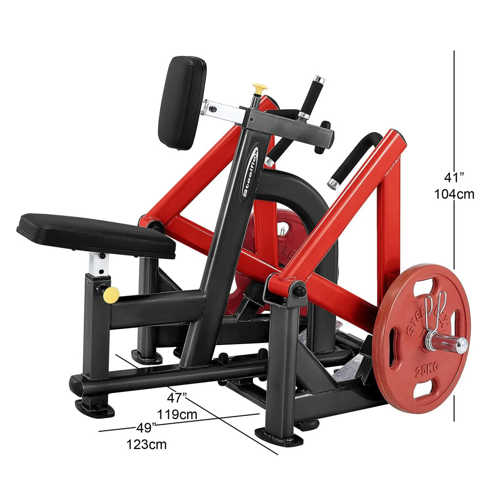 The Steelflex PLSR Chest Supported Row Machine boasts an ergonomic design with a black seat, red frame, and black handles. Its equipped with a 25 kg weight plate on the right side, measuring 49 x 47 x 41 (123 cm x 119 cm x 104 cm).