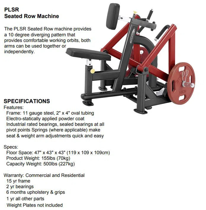 Image of a Steelflex Chest Supported Row Machine (PLSR) with maroon seat and black frame. This commercial-grade equipment features an ergonomic design, adjustable settings, heavy-duty build, 500 lbs weight capacity, and a 10-degree diverging pattern for optimal exercise.