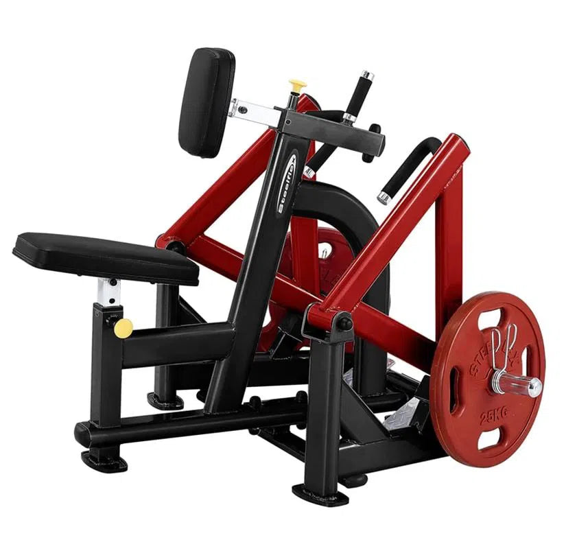 The Steelflex Chest Supported Row Machine (PLSR) features an ergonomic design with black and red padding for comfort. This commercial-grade equipment includes a weight plate loading system, ideal for upper body workouts and strengthening back muscles.