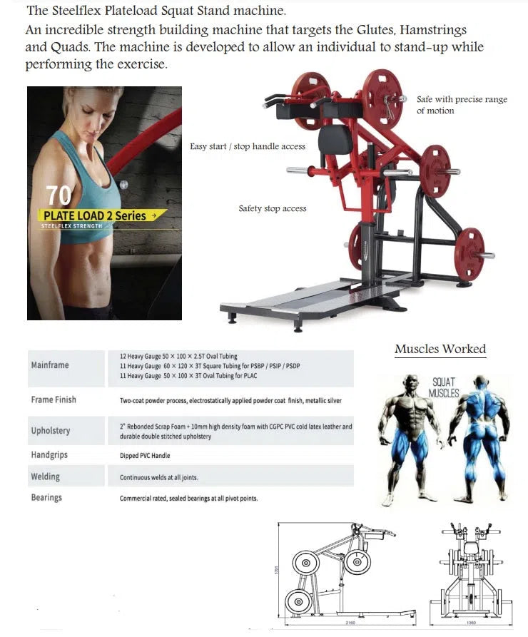 The promotional image showcases the Steelflex Power Squat Machine (PLSS), a robust squat stand in striking red and black. It features safety essentials like adjustable stops and precise motion range, highlighting targeted muscles and machine specs.