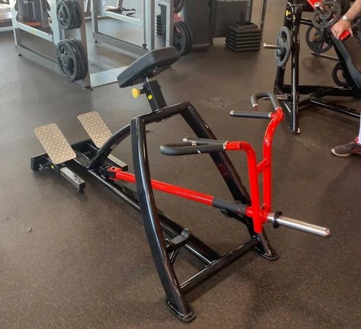 A SteelFlex T-bar Row Machine (PLTR) with black and red bars, foot pedals, and a seat is set up on a dark gym floor. Weights and other gear are visible in the commercial gym backdrop alongside the machine.