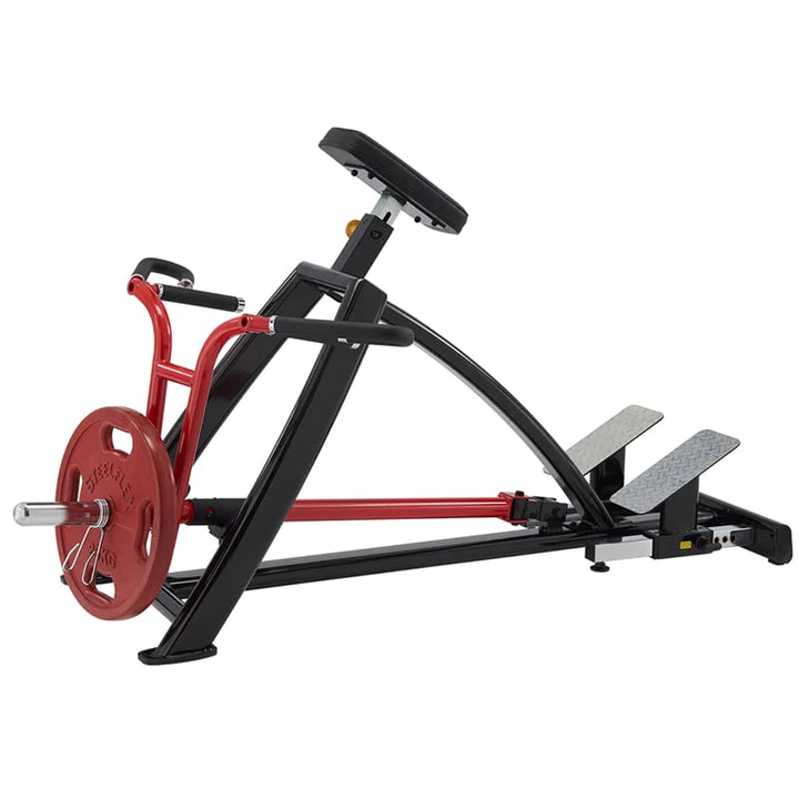 The SteelFlex T-bar Row Machine (PLTR) by Steelflex, perfect for commercial gyms, features a black seat, red frame, and silver platforms. It includes a weight holder with a striking red plate and its sleek design is ideal for any fitness setting.