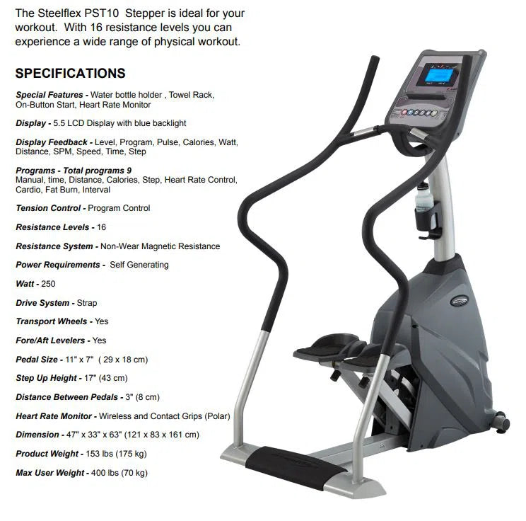Image of the SteelFlex Commercial Stair Climber Machine (PST10) by Steelflex, featuring handles and a digital LCD display with 16 resistance levels and a heart rate monitor—perfect for achieving fitness goals through effective workouts.