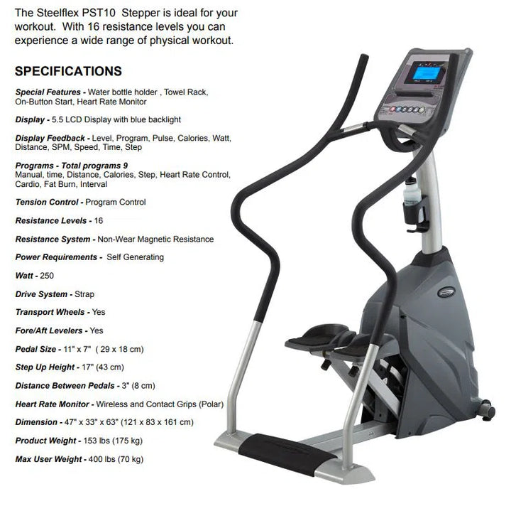 Image of the SteelFlex Commercial Stair Climber Machine (PST10) by Steelflex, featuring handles and a digital LCD display with 16 resistance levels and a heart rate monitor—perfect for achieving fitness goals through effective workouts.