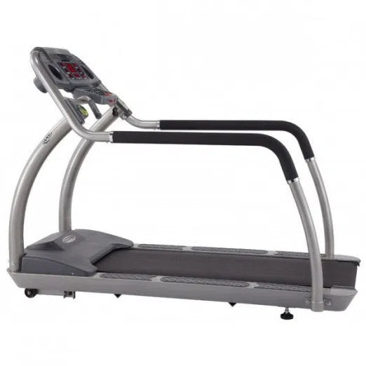 The SteelFlex Professional Treadmill (PT10), by Steelflex, features a sleek design with a gray frame and black accents. It has metal handrails, a digital display for easy control of speed and incline, and energy-efficient features suitable for home or commercial use.