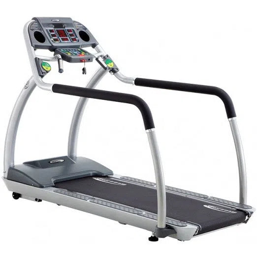 Introducing the SteelFlex Professional Treadmill (PT10) by Steelflex: a silver treadmill with black handrails, digital console, speed controls, and settings. Designed for high performance, it boasts a sturdy frame and emergency stop feature for commercial-grade reliability.