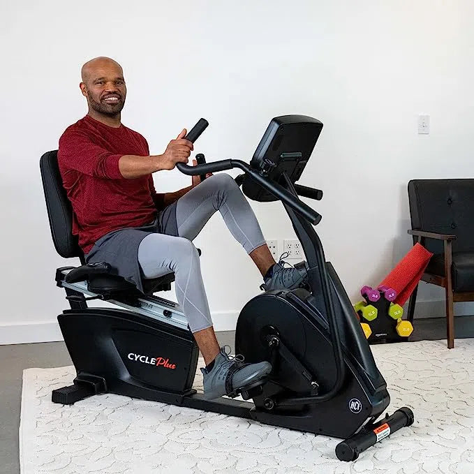 middle aged man riding on CyclePlus Recumbent Bike with Arm Exercise CP-400