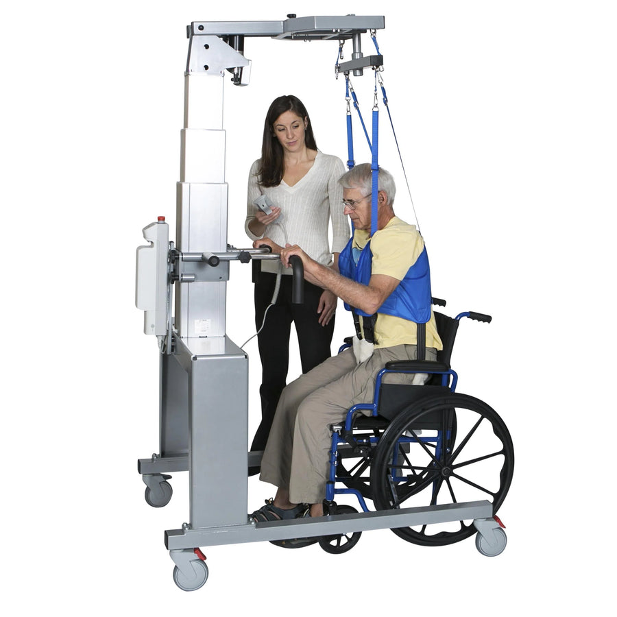 main being lifted out wheelchair by HCI PhysioGait Anti-Gravity Gait Trainer