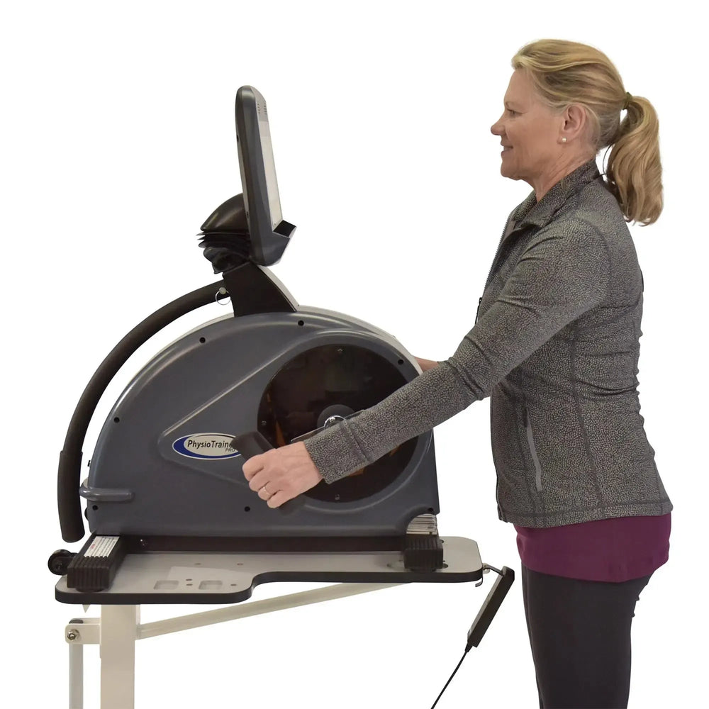 HCI PhysioTrainer PRO Arm Bike PT-PRO with an elderly woman using it as an arm bike