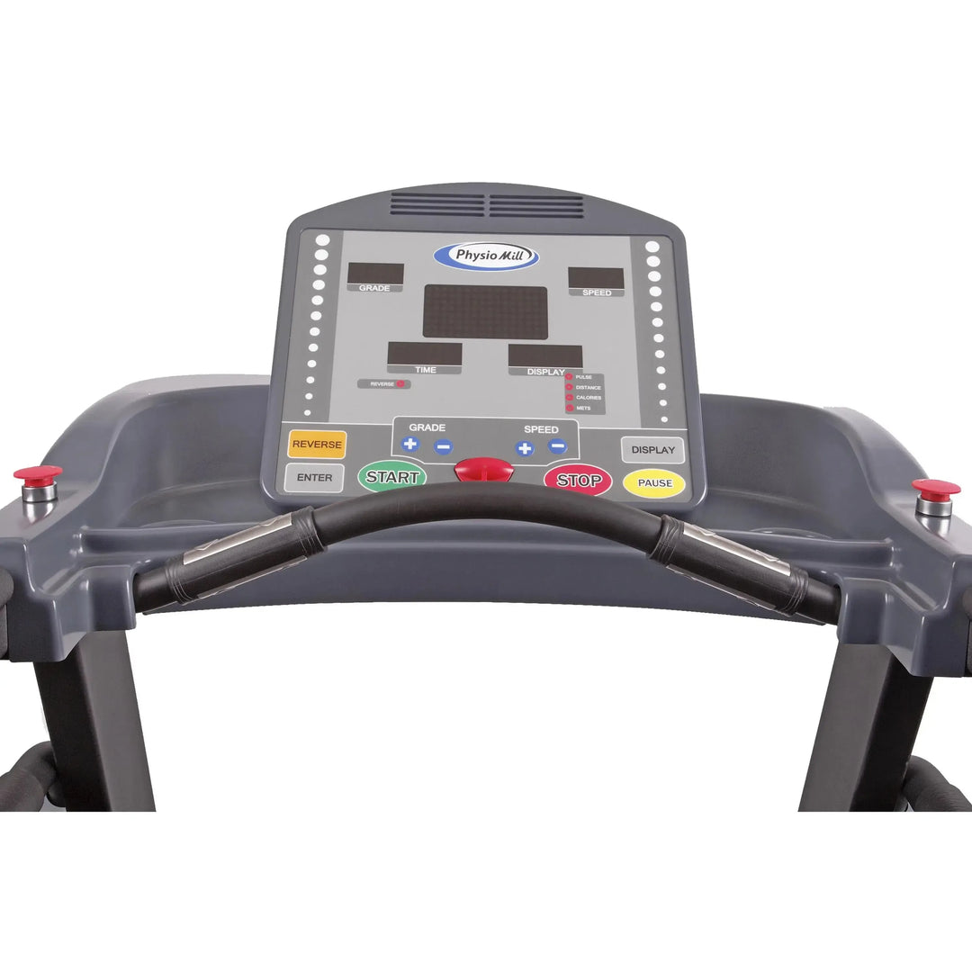 A woman undergoing therapy training on the HCI PhysioMill 500 lb. User Heavy Duty Treadmill TMR closer look at display monitor and controls