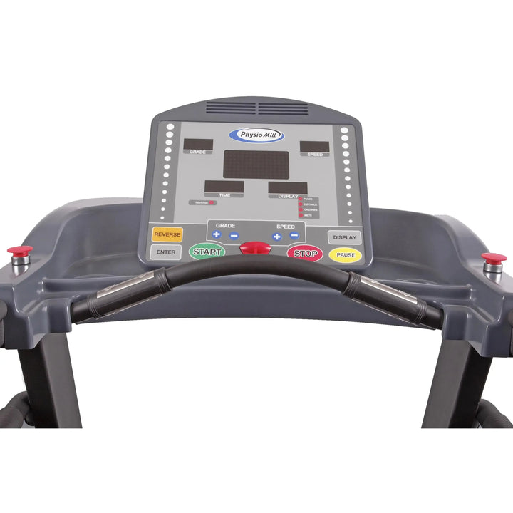 A woman undergoing therapy training on the HCI PhysioMill 500 lb. User Heavy Duty Treadmill TMR closer look at display monitor and controls