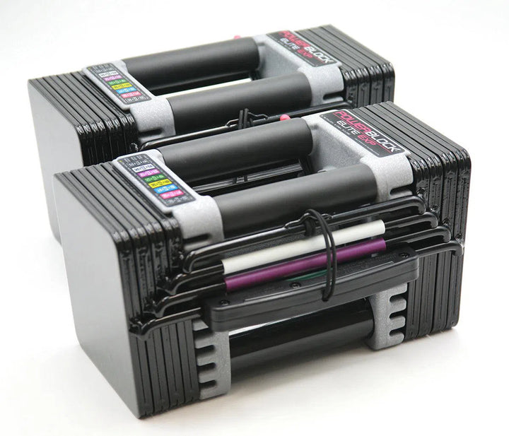 PowerBlock 90 lb Adjustable Dumbbell Set Elite EXP ELITE-EXP90 shown in a pair