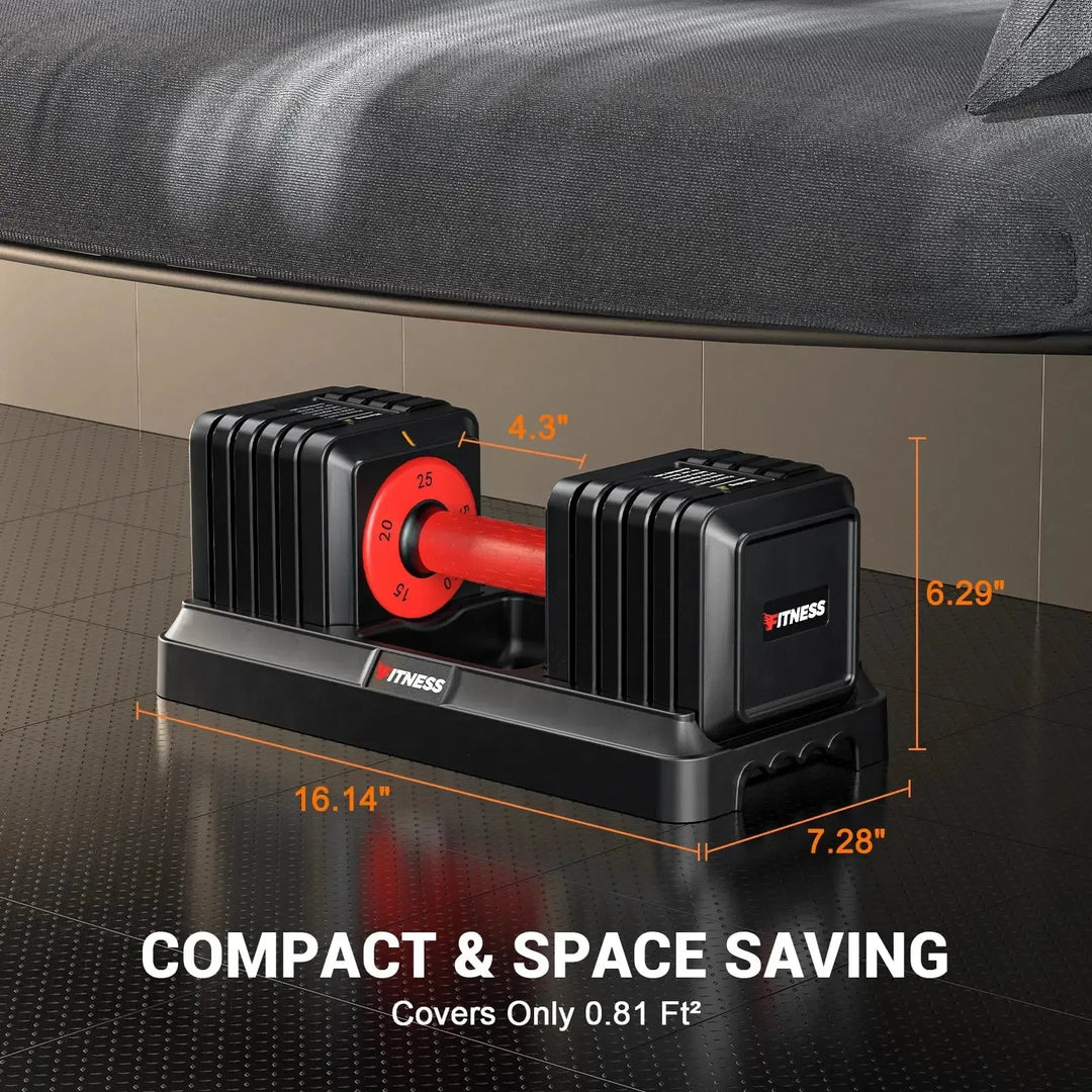 The Rendpas Adjustable Dumbbells Set, in black and red, sits elegantly on a stand with dimensions 6.29H x 7.28W x 16.14L. Text below highlights Compact & Space Saving, occupying only 0.81 ft² of space.