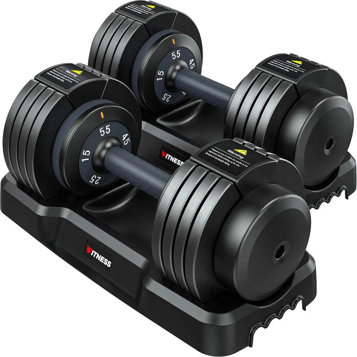 The Rendpas Adjustable Dumbbells Set, resembling those in FAQs about styles, rests elegantly on a black stand. With multiple weight settings labeled in kg and lbs, their sleek design is mainly black with yellow accents.