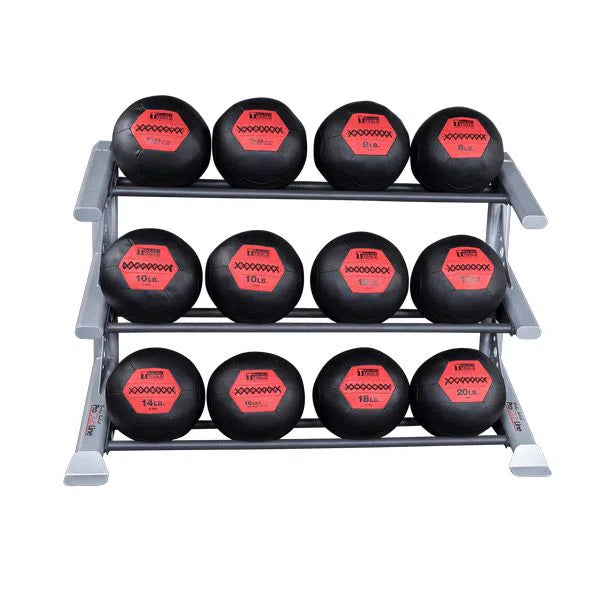 The Body-Solid Pro ClubLine Modular Storage Rack w/ Medicine Ball Tiers stylishly holds twelve black medicine balls with red labels indicating weights from 10 to 20 pounds, neatly organized against a plain background, exemplifying both functionality and style.