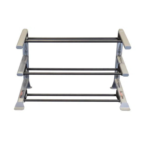 The Body-Solid Pro Clubline Pro ClubLine Modular Storage Rack w/ Medicine Ball Tiers is a sleek, compact metal rack with black bars and silver-gray supports, perfect for organizing multiple dumbbell sets. Ideal for gyms or home use, it offers efficient modular storage.