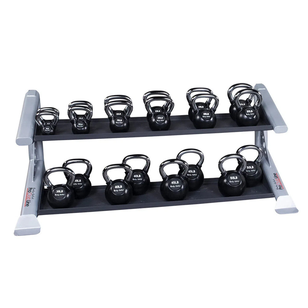 Body-Solid Pro Clublines Pro ClubLine Storage Rack w/ Kettlebell Tiers is a stylish, modular design built from heavy gauge steel. It features two tiers holding six black kettlebells each in kilograms, with a sleek black and gray finish.