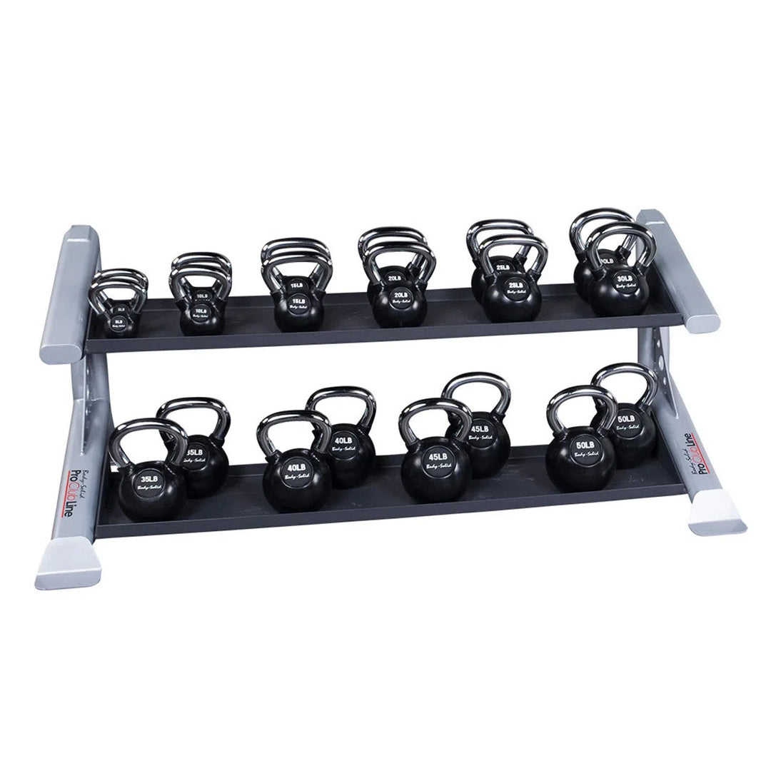 Body-Solid Pro Clublines Pro ClubLine Storage Rack w/ Kettlebell Tiers is a stylish, modular design built from heavy gauge steel. It features two tiers holding six black kettlebells each in kilograms, with a sleek black and gray finish.