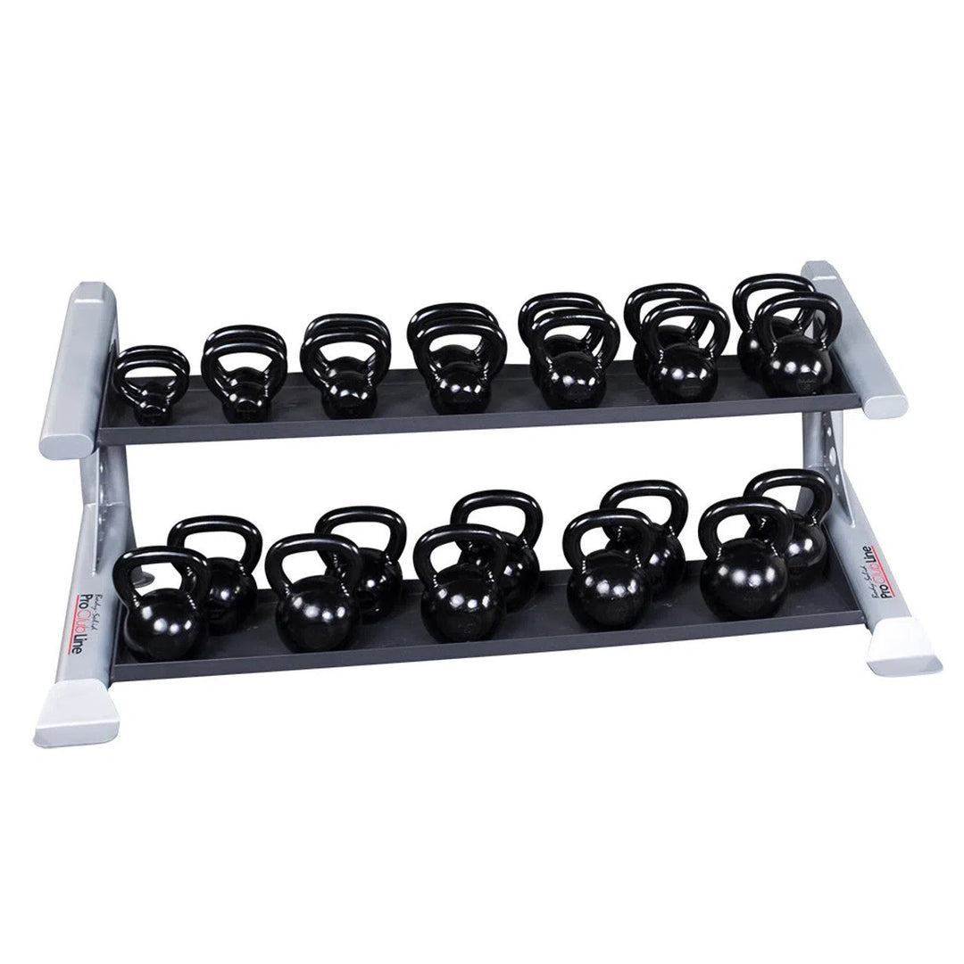 The Body-Solid Pro ClubLine Storage Rack w/ Kettlebell Tiers, featuring a sleek silver/black modular design, has two shelves to display black kettlebells in various sizes. Its crafted from heavy gauge steel for even distribution across both levels.