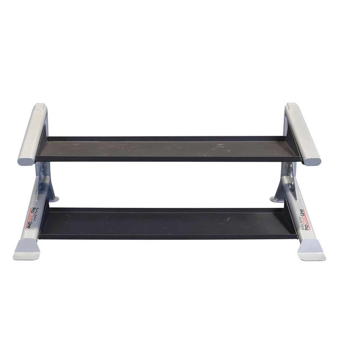 The Pro ClubLine Storage Rack by Body-Solid Pro Clubline features a two-tier design with silver-gray heavy gauge steel supports. Its modular, minimalist frame is compact and rectangular, perfect for storing multiple pairs of shoes in a modern style.