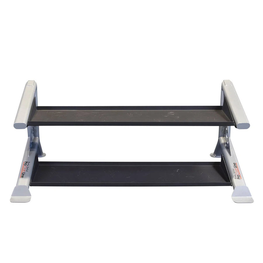 The Pro ClubLine Storage Rack by Body-Solid Pro Clubline features a two-tier design with silver-gray heavy gauge steel supports. Its modular, minimalist frame is compact and rectangular, perfect for storing multiple pairs of shoes in a modern style.