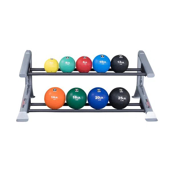 The Body-Solid Pro ClubLine Modular Storage Rack holds eight medicine balls in different colors and weights: teal, yellow, green, black on top and red, green, blue, dark gray on the bottom. Each ball is labeled with weights ranging from 8 lb to 25 lb.