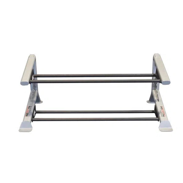 The Body-Solid Pro Clubline Storage Rack features two black horizontal bars for shoes, supported by silver side frames, set against a white background. This modular solution blends style and function seamlessly.