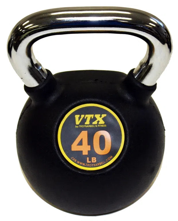 A sleek VTX kettlebell with a chrome handle is perfect for any gym, featuring a round label that reads VTX 40 LB. Ideal to enhance the VTX Kettlebell Set w/ Rack, its an essential addition to any fitness center.